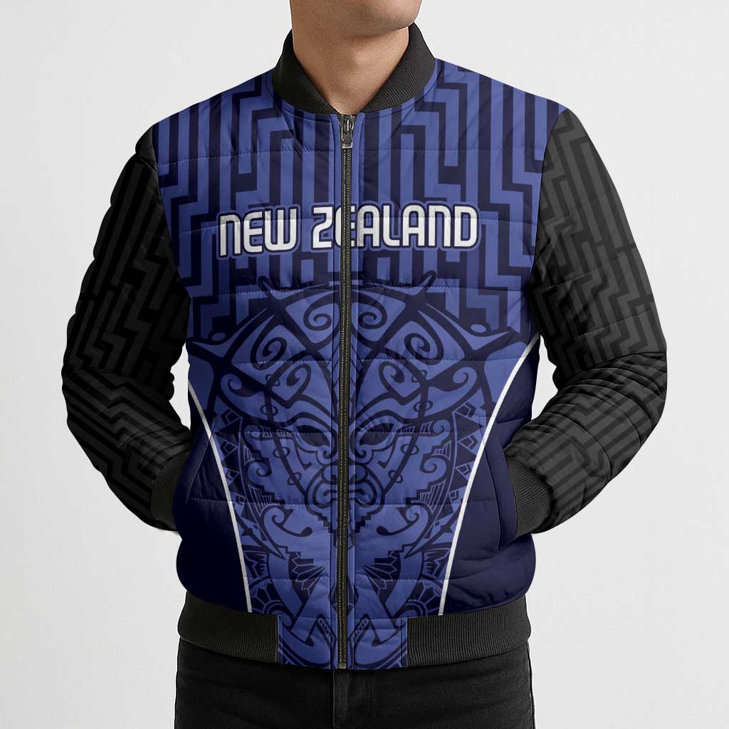 Custom Basketball New Zealand Bomber Puffer Jacket Blue Maori Ta Moko Indigenous - Aussie Hoodie