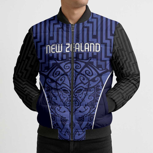 Custom Basketball New Zealand Bomber Puffer Jacket Blue Maori Ta Moko Indigenous - Aussie Hoodie