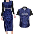 Custom Basketball New Zealand Couples Matching Long Sleeve Bodycon Dress and Hawaiian Shirt Blue Maori Ta Moko Indigenous - Aussie Hoodie