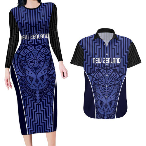 Custom Basketball New Zealand Couples Matching Long Sleeve Bodycon Dress and Hawaiian Shirt Blue Maori Ta Moko Indigenous - Aussie Hoodie
