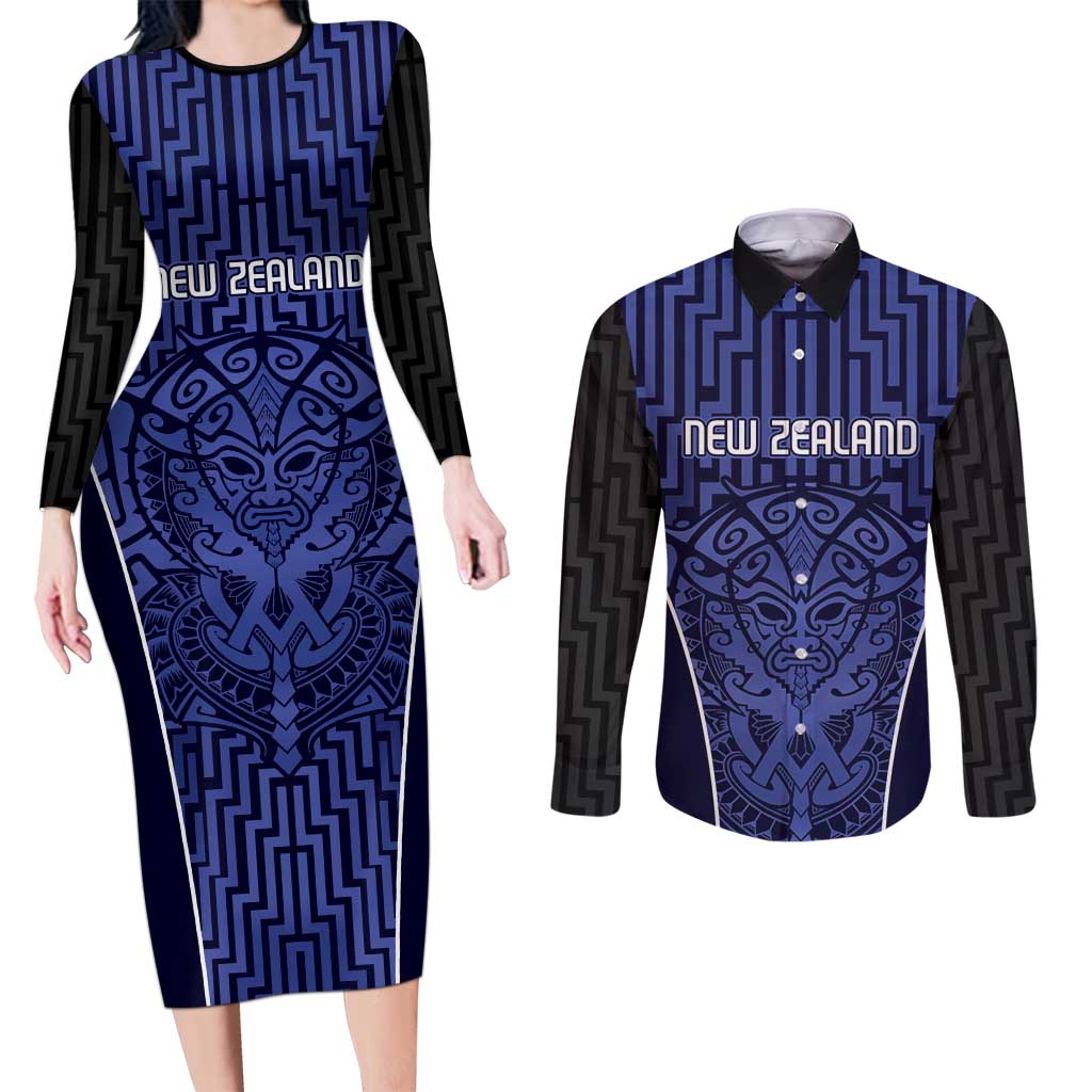 Custom Basketball New Zealand Couples Matching Long Sleeve Bodycon Dress and Long Sleeve Button Shirt Blue Maori Ta Moko Indigenous - Aussie Hoodie