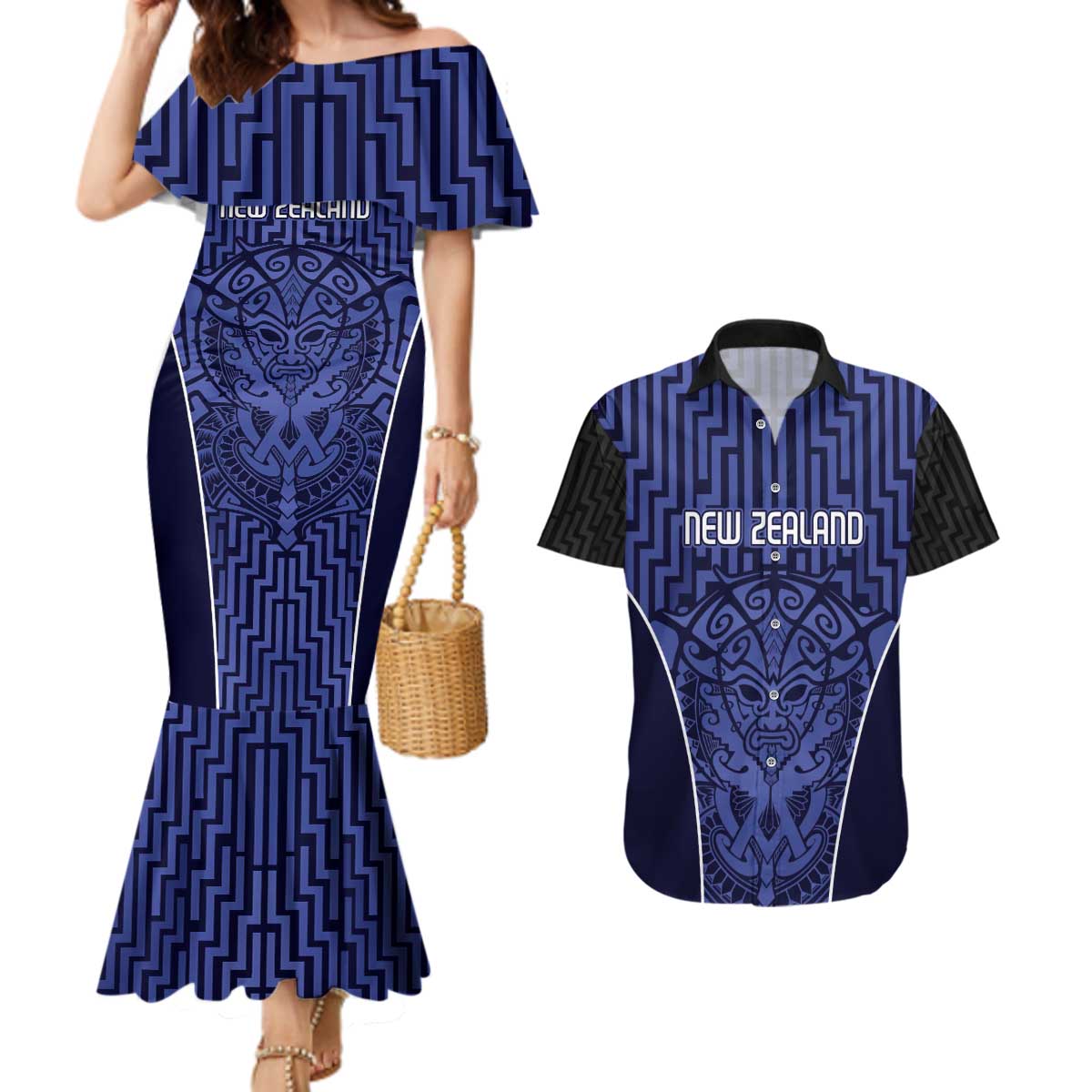 Custom Basketball New Zealand Couples Matching Mermaid Dress and Hawaiian Shirt Blue Maori Ta Moko Indigenous - Aussie Hoodie