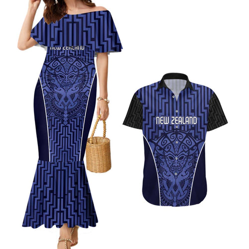 Custom Basketball New Zealand Couples Matching Mermaid Dress and Hawaiian Shirt Blue Maori Ta Moko Indigenous - Aussie Hoodie