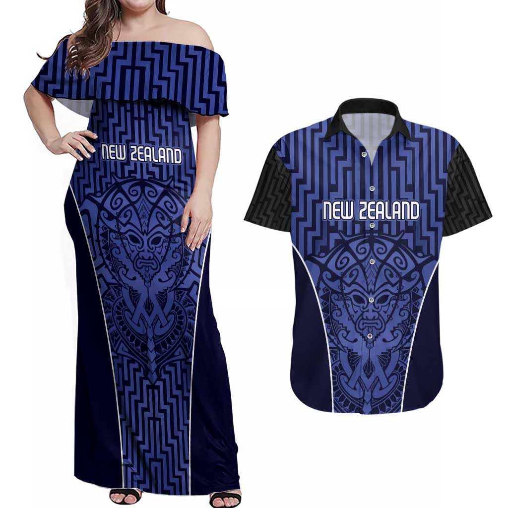 Custom Basketball New Zealand Couples Matching Off Shoulder Maxi Dress and Hawaiian Shirt Blue Maori Ta Moko Indigenous - Aussie Hoodie