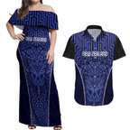 Custom Basketball New Zealand Couples Matching Off Shoulder Maxi Dress and Hawaiian Shirt Blue Maori Ta Moko Indigenous - Aussie Hoodie