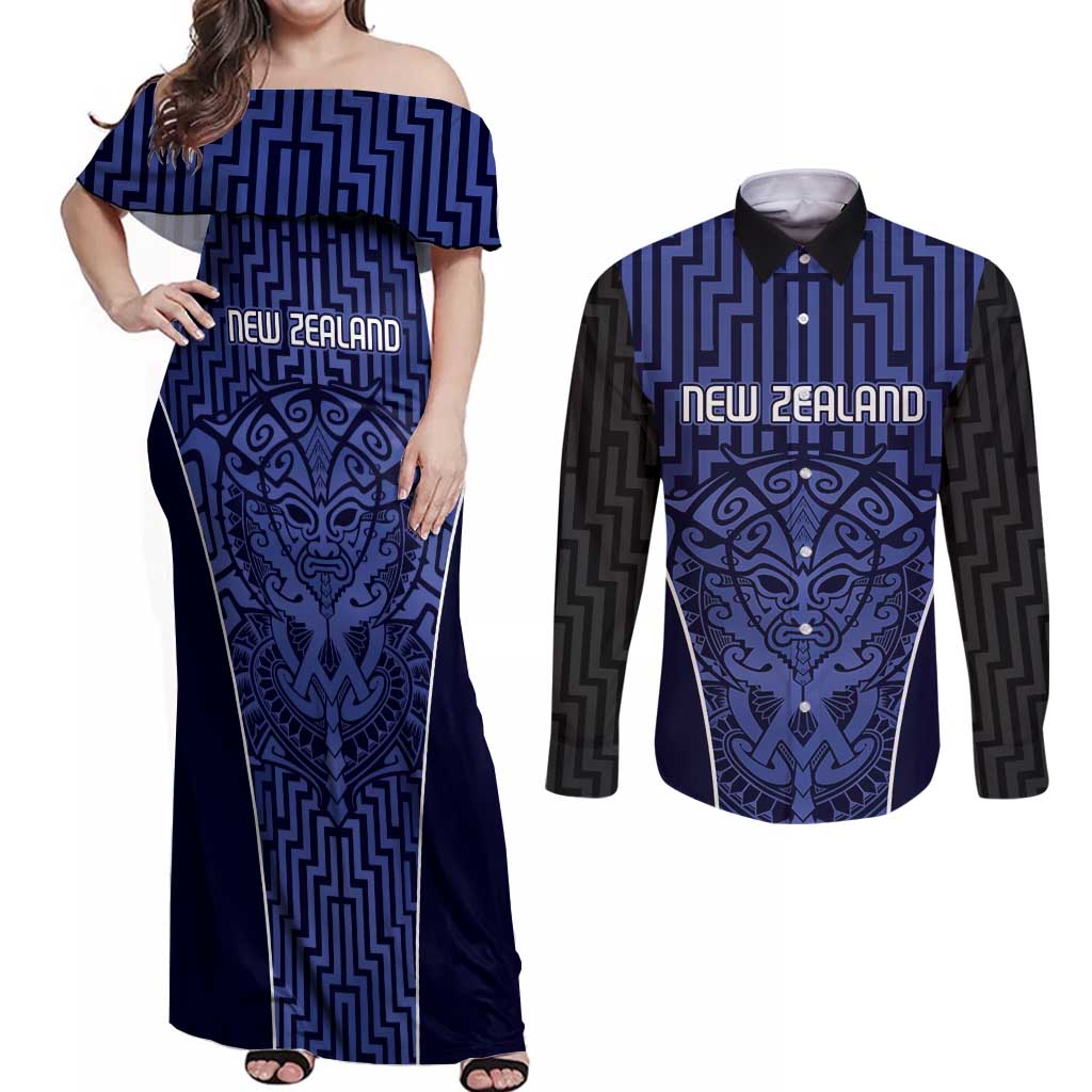 Custom Basketball New Zealand Couples Matching Off Shoulder Maxi Dress and Long Sleeve Button Shirt Blue Maori Ta Moko Indigenous - Aussie Hoodie