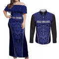 Custom Basketball New Zealand Couples Matching Off Shoulder Maxi Dress and Long Sleeve Button Shirt Blue Maori Ta Moko Indigenous - Aussie Hoodie