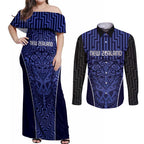 Custom Basketball New Zealand Couples Matching Off Shoulder Maxi Dress and Long Sleeve Button Shirt Blue Maori Ta Moko Indigenous - Aussie Hoodie