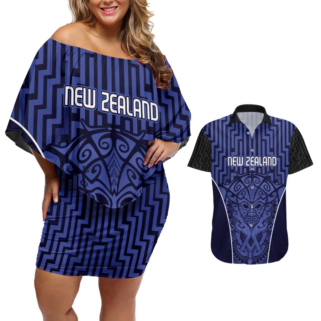 Custom Basketball New Zealand Couples Matching Off Shoulder Short Dress and Hawaiian Shirt Blue Maori Ta Moko Indigenous - Aussie Hoodie