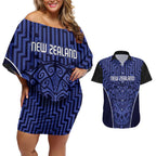 Custom Basketball New Zealand Couples Matching Off Shoulder Short Dress and Hawaiian Shirt Blue Maori Ta Moko Indigenous - Aussie Hoodie