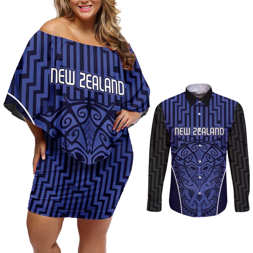 Custom Basketball New Zealand Couples Matching Off Shoulder Short Dress and Long Sleeve Button Shirt Blue Maori Ta Moko Indigenous - Aussie Hoodie