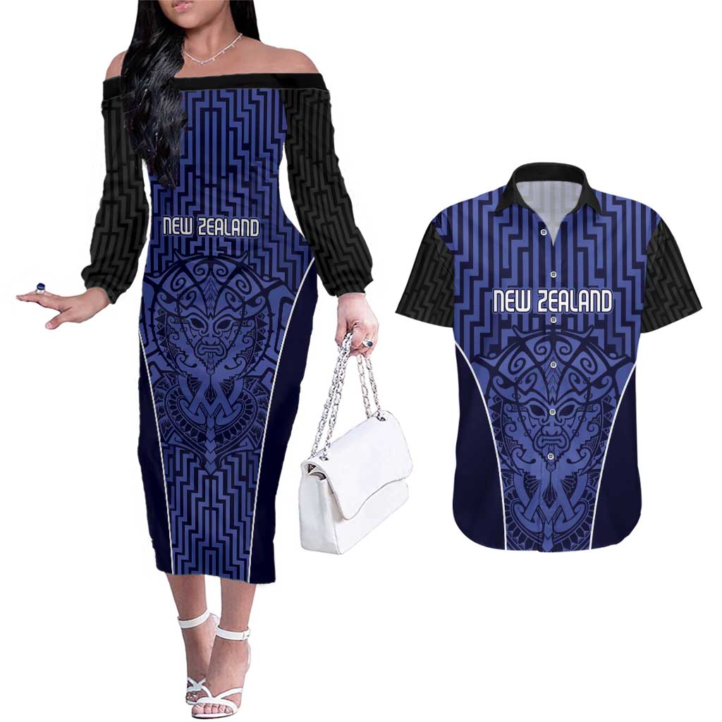 Custom Basketball New Zealand Couples Matching Off The Shoulder Long Sleeve Dress and Hawaiian Shirt Blue Maori Ta Moko Indigenous - Aussie Hoodie