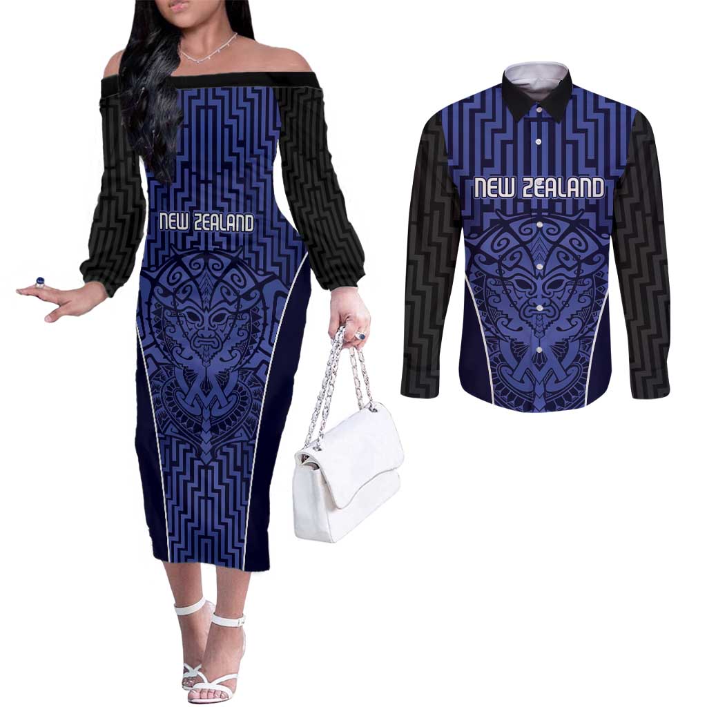 Custom Basketball New Zealand Couples Matching Off The Shoulder Long Sleeve Dress and Long Sleeve Button Shirt Blue Maori Ta Moko Indigenous - Aussie Hoodie
