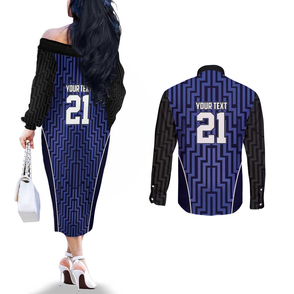Custom Basketball New Zealand Couples Matching Off The Shoulder Long Sleeve Dress and Long Sleeve Button Shirt Blue Maori Ta Moko Indigenous - Aussie Hoodie