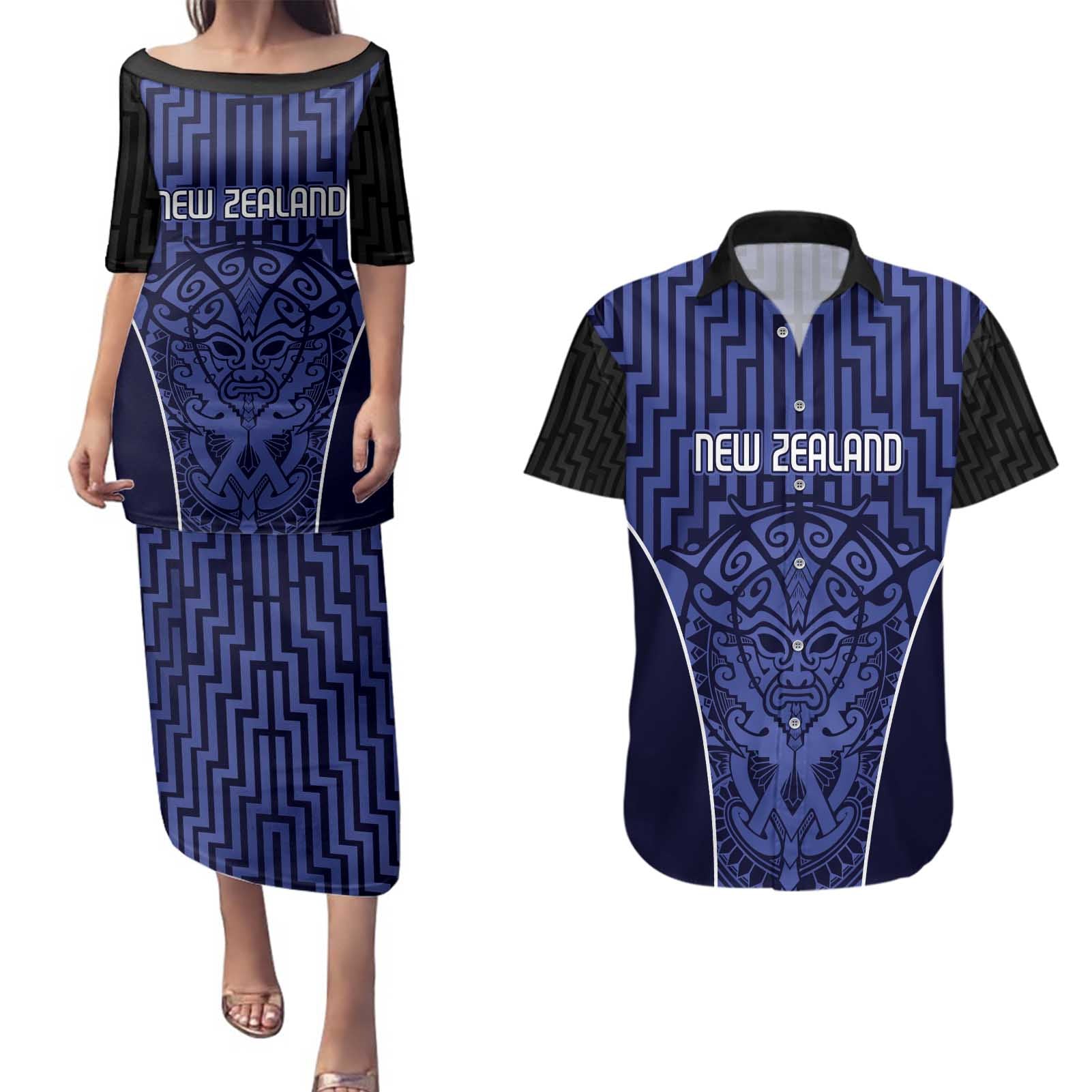 Custom Basketball New Zealand Couples Matching Puletasi and Hawaiian Shirt Blue Maori Ta Moko Indigenous - Aussie Hoodie