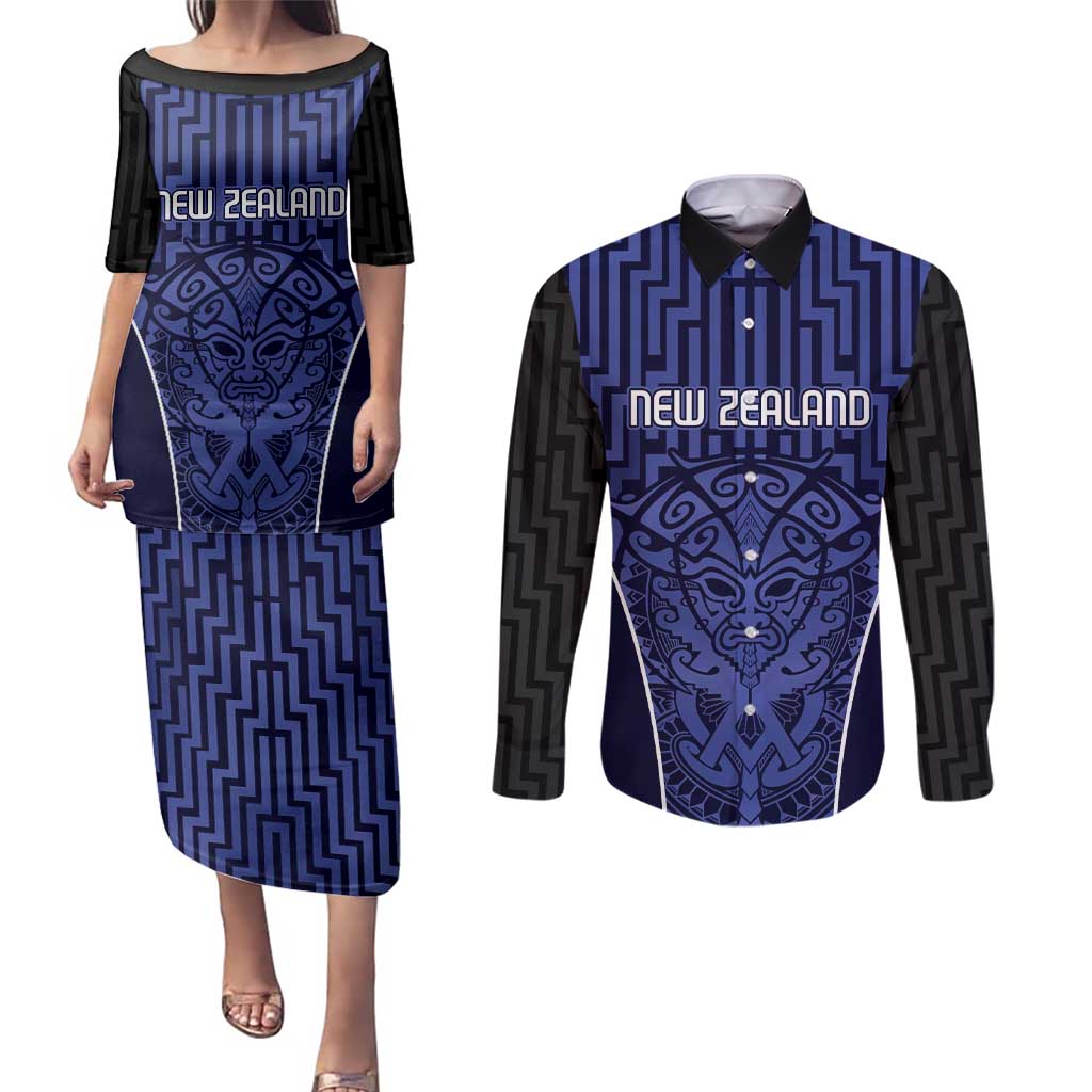 Custom Basketball New Zealand Couples Matching Puletasi and Long Sleeve Button Shirt Blue Maori Ta Moko Indigenous - Aussie Hoodie