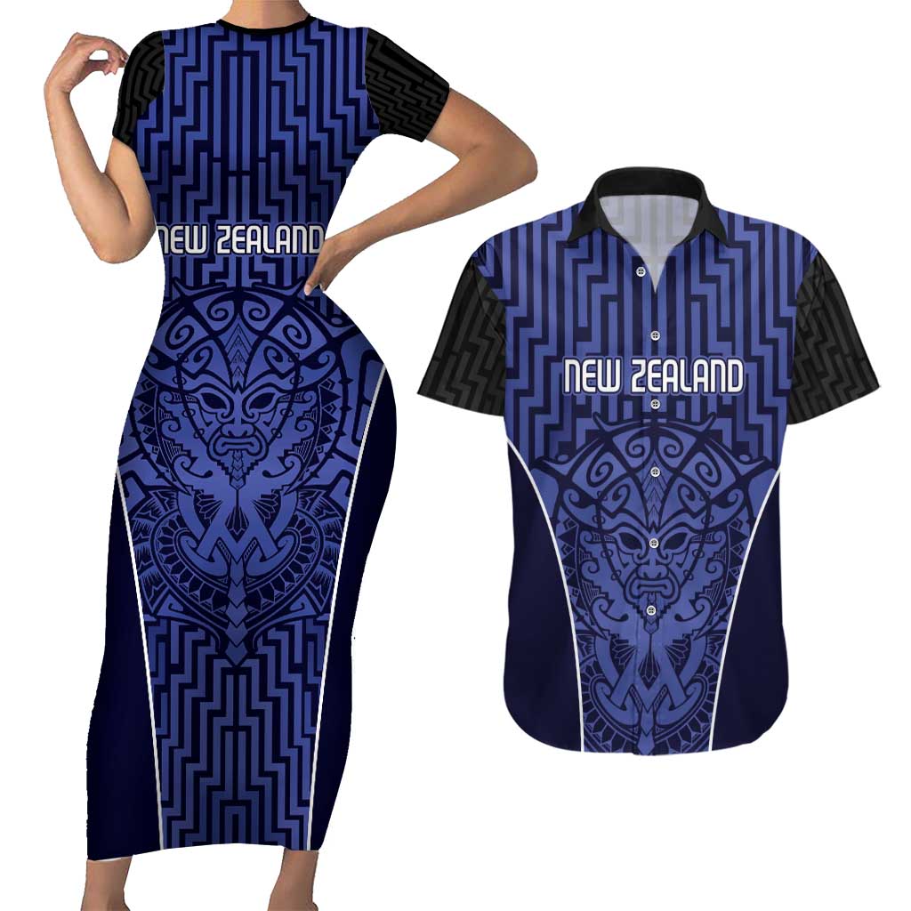 Custom Basketball New Zealand Couples Matching Short Sleeve Bodycon Dress and Hawaiian Shirt Blue Maori Ta Moko Indigenous - Aussie Hoodie