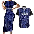 Custom Basketball New Zealand Couples Matching Short Sleeve Bodycon Dress and Hawaiian Shirt Blue Maori Ta Moko Indigenous - Aussie Hoodie