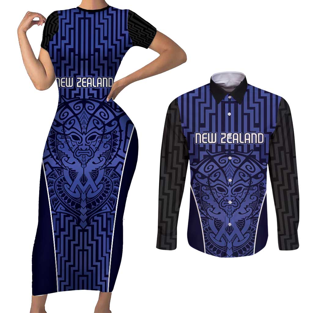 Custom Basketball New Zealand Couples Matching Short Sleeve Bodycon Dress and Long Sleeve Button Shirt Blue Maori Ta Moko Indigenous - Aussie Hoodie
