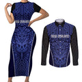Custom Basketball New Zealand Couples Matching Short Sleeve Bodycon Dress and Long Sleeve Button Shirt Blue Maori Ta Moko Indigenous - Aussie Hoodie