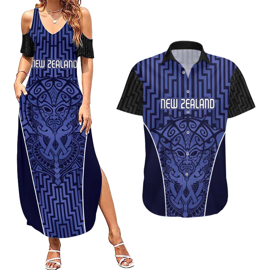 Custom Basketball New Zealand Couples Matching Summer Maxi Dress and Hawaiian Shirt Blue Maori Ta Moko Indigenous - Aussie Hoodie