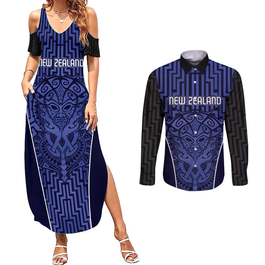 Custom Basketball New Zealand Couples Matching Summer Maxi Dress and Long Sleeve Button Shirt Blue Maori Ta Moko Indigenous - Aussie Hoodie