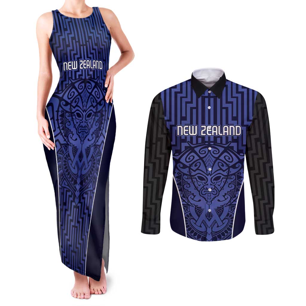 Custom Basketball New Zealand Couples Matching Tank Maxi Dress and Long Sleeve Button Shirt Blue Maori Ta Moko Indigenous - Aussie Hoodie