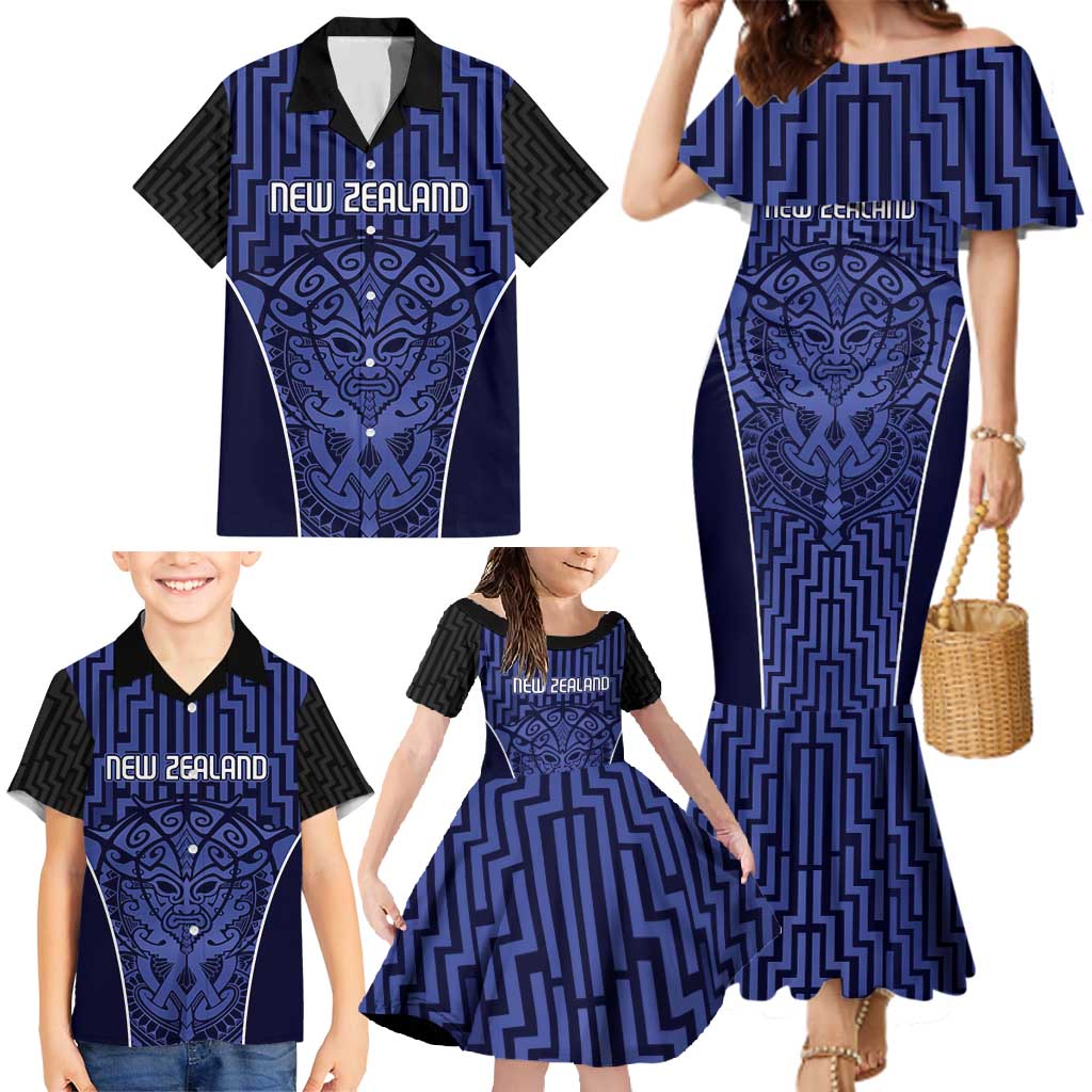 Custom Basketball New Zealand Family Matching Mermaid Dress and Hawaiian Shirt Blue Maori Ta Moko Indigenous - Aussie Hoodie