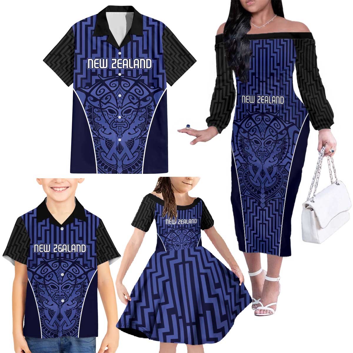 Custom Basketball New Zealand Family Matching Off The Shoulder Long Sleeve Dress and Hawaiian Shirt Blue Maori Ta Moko Indigenous - Aussie Hoodie