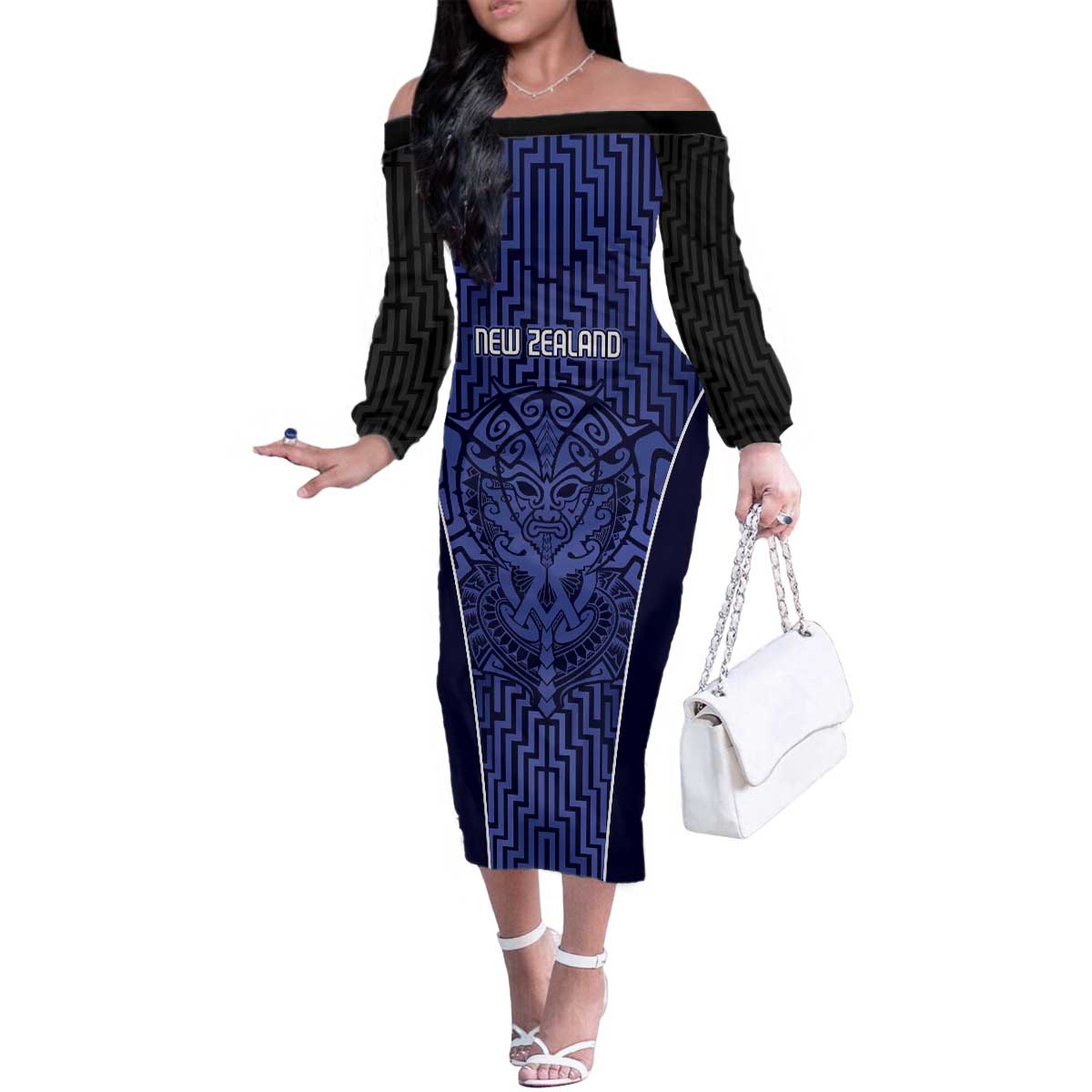 Custom Basketball New Zealand Family Matching Off The Shoulder Long Sleeve Dress and Hawaiian Shirt Blue Maori Ta Moko Indigenous - Aussie Hoodie