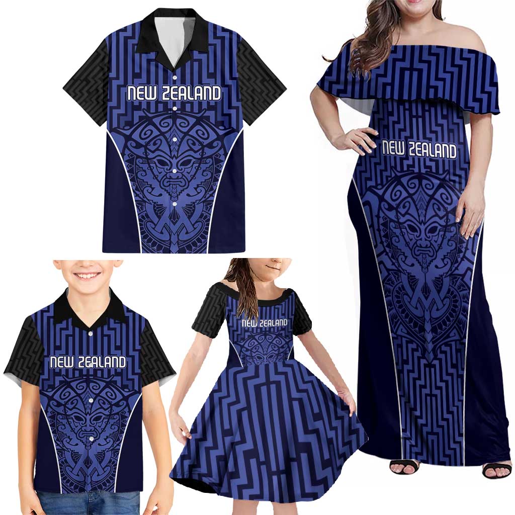 Custom Basketball New Zealand Family Matching Off Shoulder Maxi Dress and Hawaiian Shirt Blue Maori Ta Moko Indigenous - Aussie Hoodie