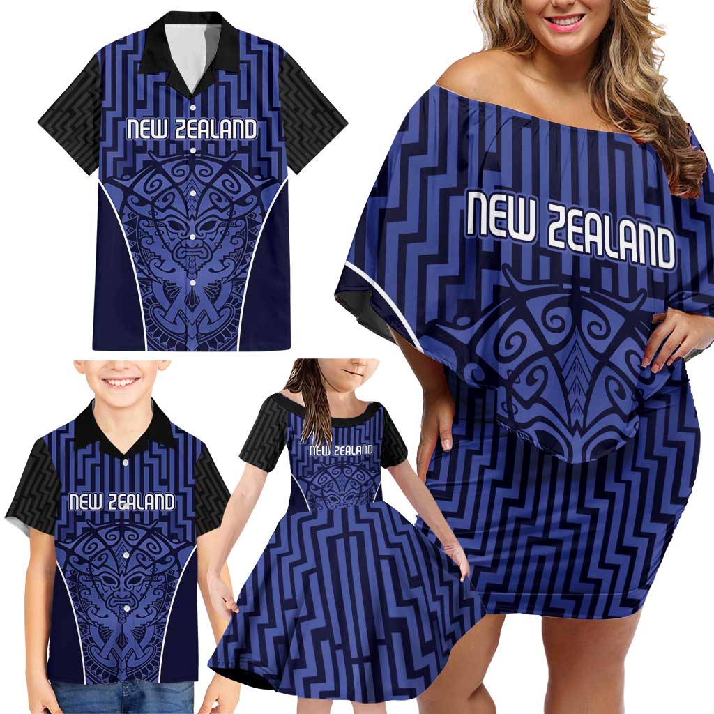 Custom Basketball New Zealand Family Matching Off Shoulder Short Dress and Hawaiian Shirt Blue Maori Ta Moko Indigenous - Aussie Hoodie