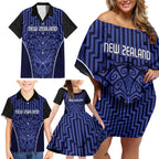 Custom Basketball New Zealand Family Matching Off Shoulder Short Dress and Hawaiian Shirt Blue Maori Ta Moko Indigenous - Aussie Hoodie