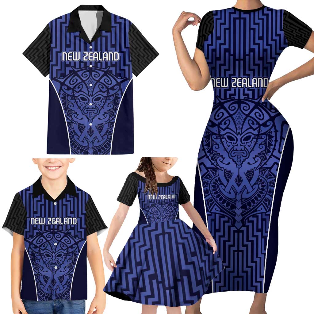 Custom Basketball New Zealand Family Matching Short Sleeve Bodycon Dress and Hawaiian Shirt Blue Maori Ta Moko Indigenous - Aussie Hoodie