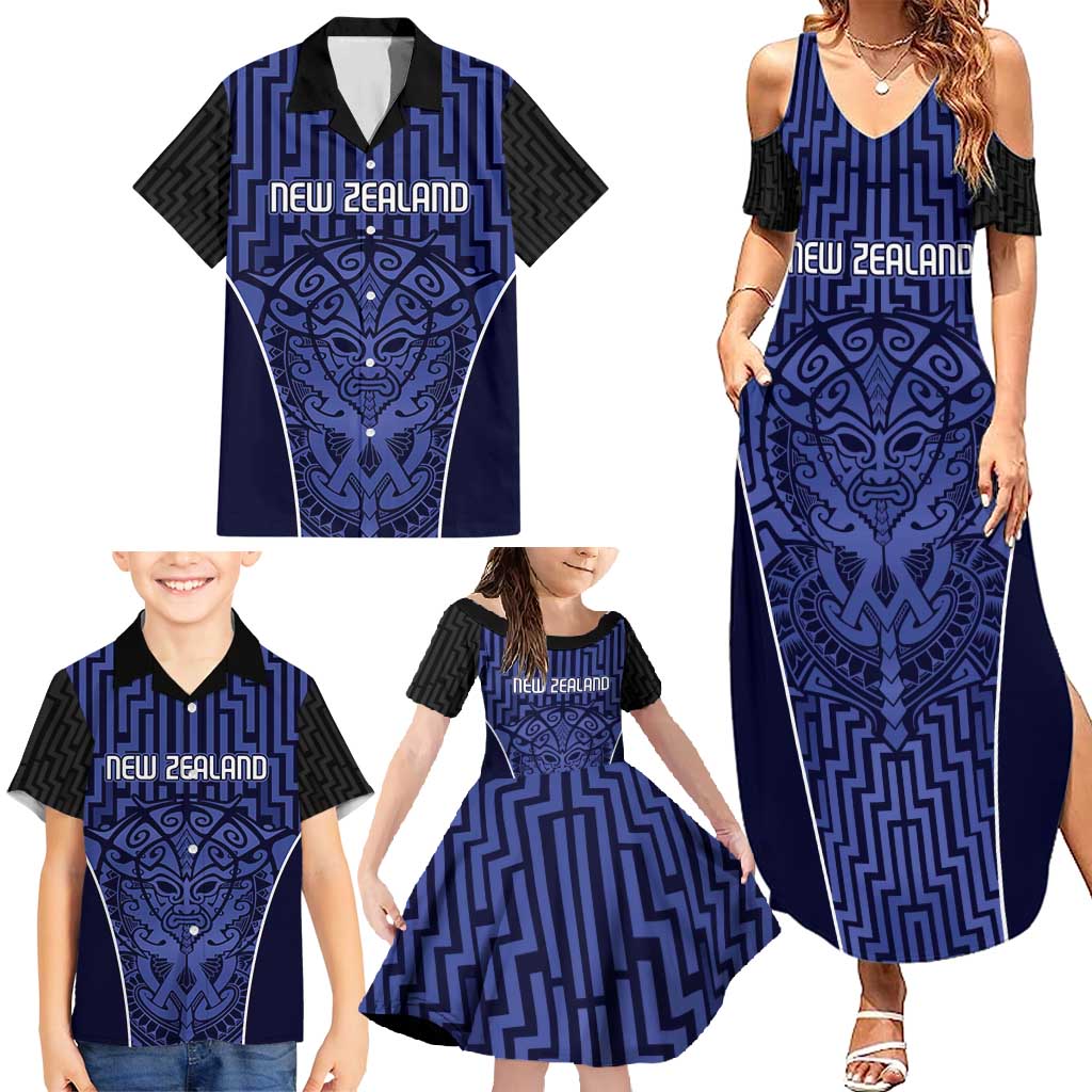 Custom Basketball New Zealand Family Matching Summer Maxi Dress and Hawaiian Shirt Blue Maori Ta Moko Indigenous - Aussie Hoodie