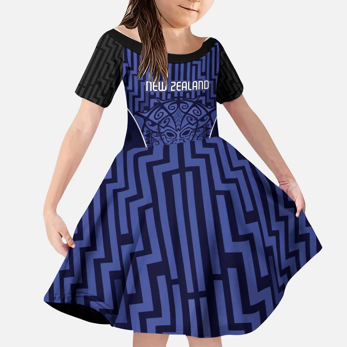Custom Basketball New Zealand Kid Short Sleeve Dress Blue Maori Ta Moko Indigenous - Aussie Hoodie