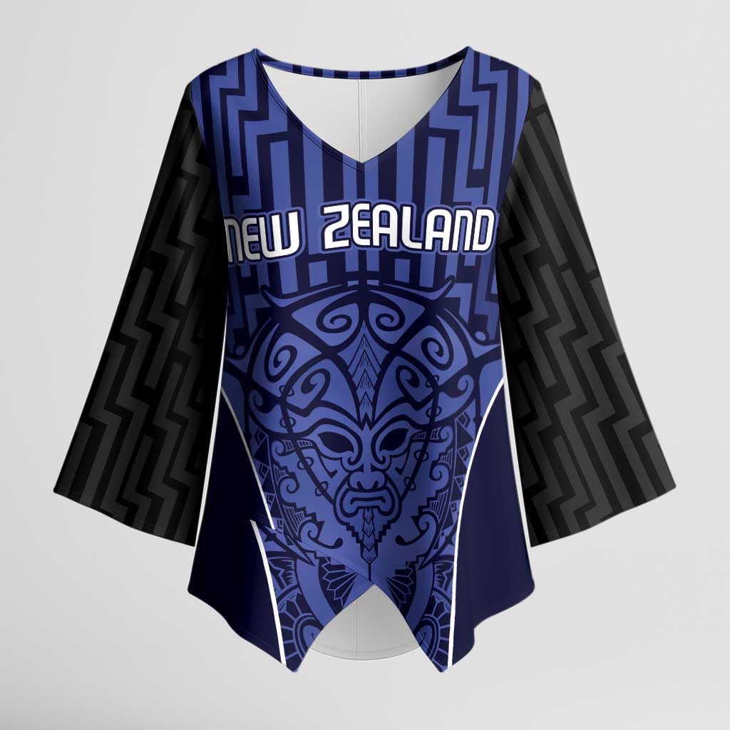 Custom Basketball New Zealand Kimono Sleeve Blouse Blue Maori Ta Moko Indigenous - Aussie Hoodie
