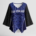 Custom Basketball New Zealand Kimono Sleeve Blouse Blue Maori Ta Moko Indigenous - Aussie Hoodie