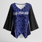 Custom Basketball New Zealand Kimono Sleeve Blouse Blue Maori Ta Moko Indigenous - Aussie Hoodie