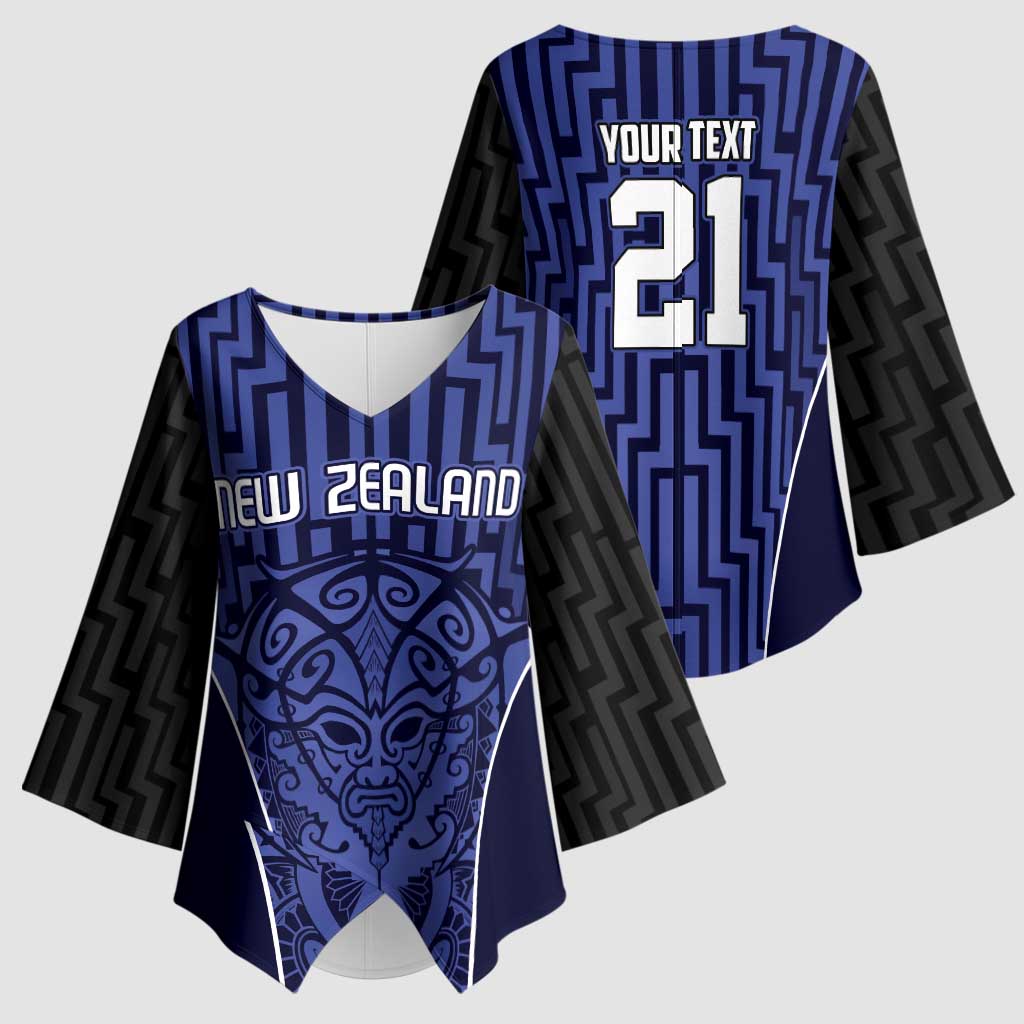 Custom Basketball New Zealand Kimono Sleeve Blouse Blue Maori Ta Moko Indigenous - Aussie Hoodie