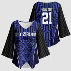 Custom Basketball New Zealand Kimono Sleeve Blouse Blue Maori Ta Moko Indigenous - Aussie Hoodie