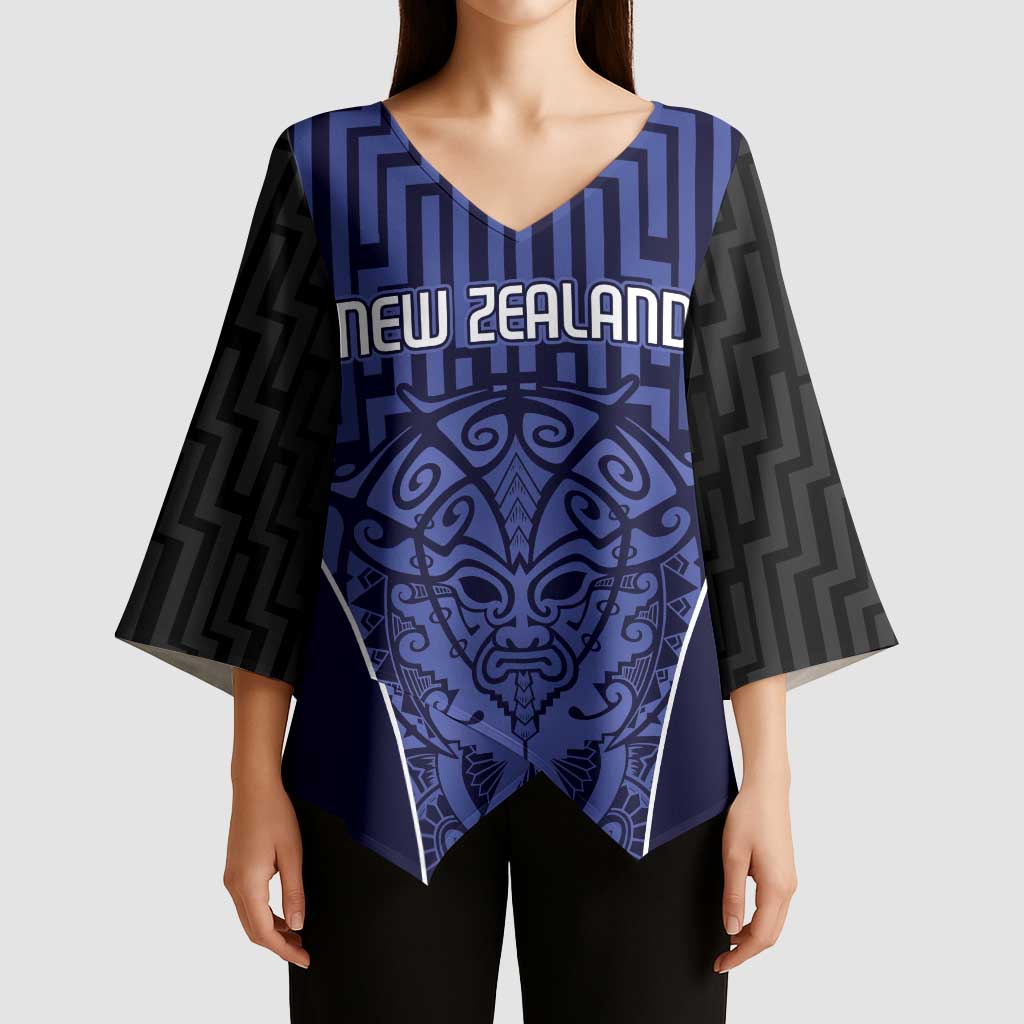 Custom Basketball New Zealand Kimono Sleeve Blouse Blue Maori Ta Moko Indigenous - Aussie Hoodie