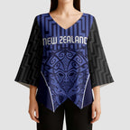 Custom Basketball New Zealand Kimono Sleeve Blouse Blue Maori Ta Moko Indigenous - Aussie Hoodie
