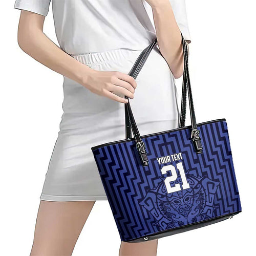 Custom Basketball New Zealand Leather Tote Bag Blue Maori Ta Moko Indigenous - Aussie Hoodie