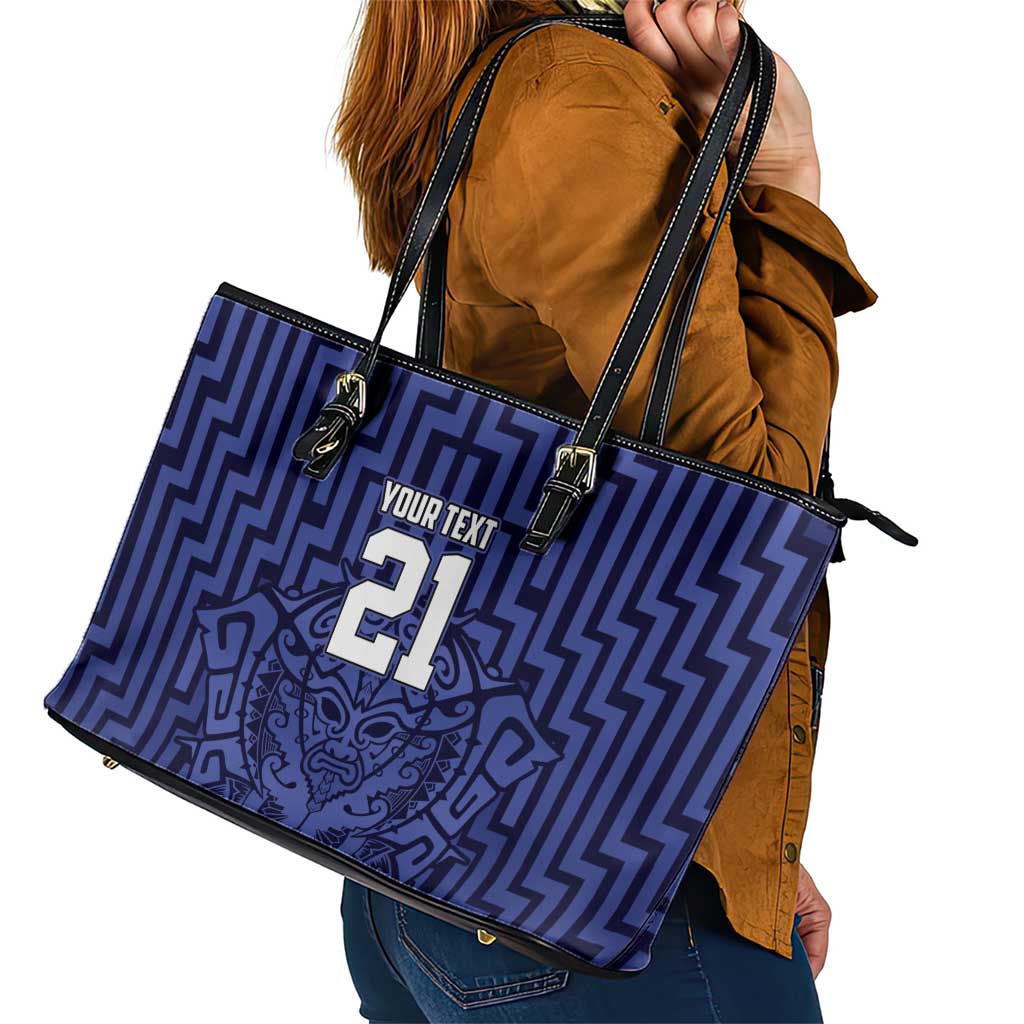 Custom Basketball New Zealand Leather Tote Bag Blue Maori Ta Moko Indigenous - Aussie Hoodie