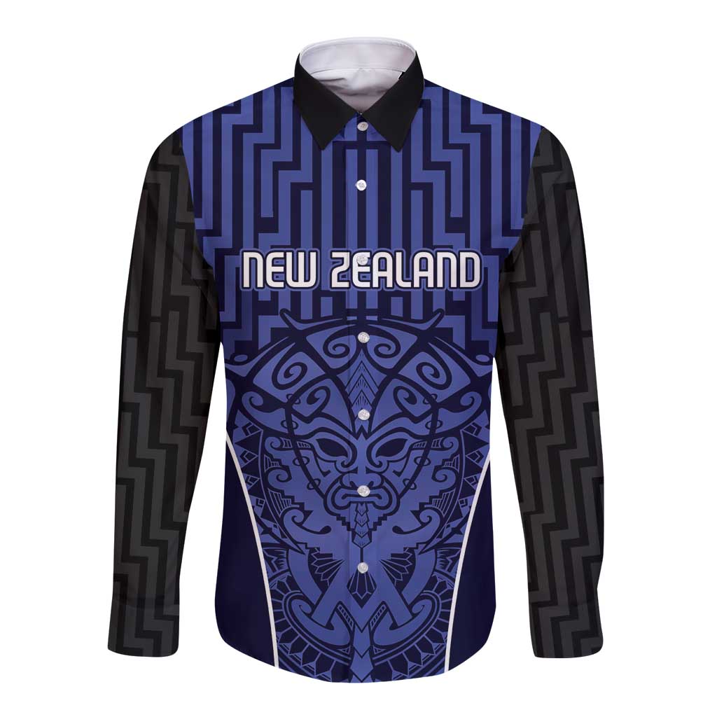 Custom Basketball New Zealand Long Sleeve Button Shirt Blue Maori Ta Moko Indigenous - Aussie Hoodie