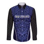 Custom Basketball New Zealand Long Sleeve Button Shirt Blue Maori Ta Moko Indigenous - Aussie Hoodie