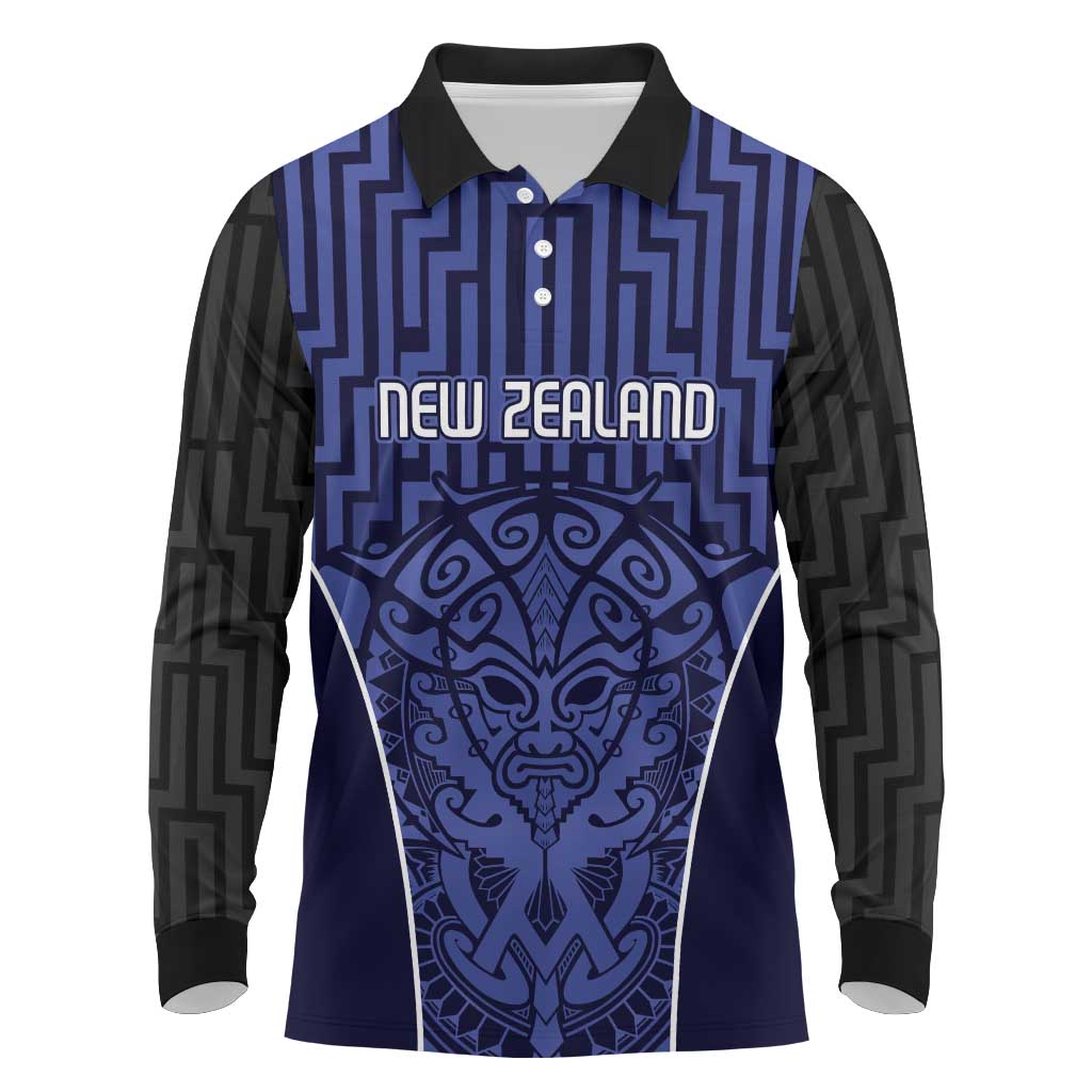 Custom Basketball New Zealand Long Sleeve Polo Shirt Blue Maori Ta Moko Indigenous - Aussie Hoodie