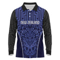 Custom Basketball New Zealand Long Sleeve Polo Shirt Blue Maori Ta Moko Indigenous - Aussie Hoodie
