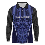 Custom Basketball New Zealand Long Sleeve Polo Shirt Blue Maori Ta Moko Indigenous - Aussie Hoodie